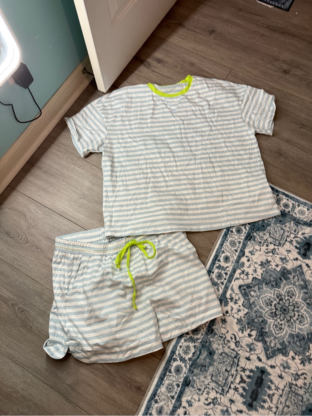 Women’s Light Blue & White Striped Pajama Set with Neon Trim